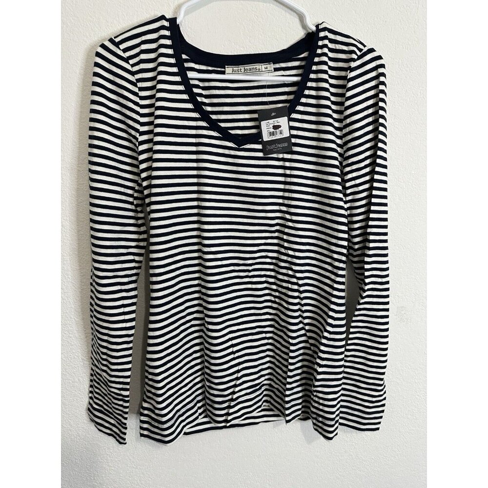 Just Jeans Women’s Navy Blue Striped Long Sleeve Shirt Top Size Medium